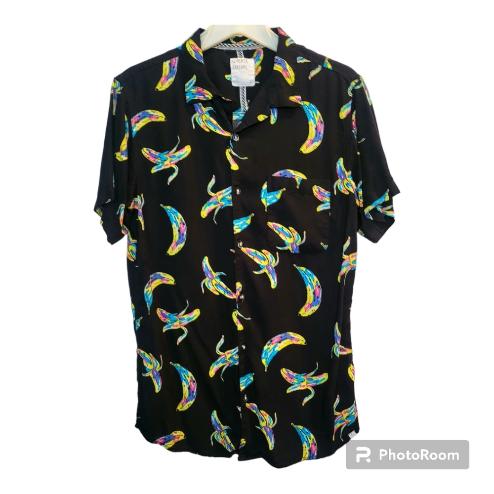 Reverse Threads Mens Casual Black Neon Banana Short-Sleeve Button-Up Shirt, Sz M